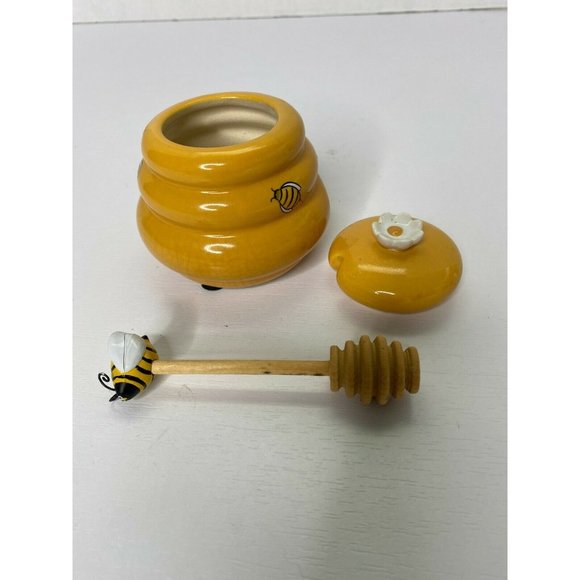 Ceramic Honey Miel Jar Honey Pot Bee Dipper And Bee Hive With Daisy - Picture 8 of 9